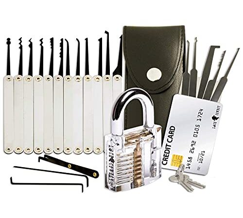 20-Pieces Lock Picking Set with Transparent Training Padlock and Credit Card Lock Pick Set by LockCowboy | Bonus E-Guide for Beginner and Pro Locksmiths
