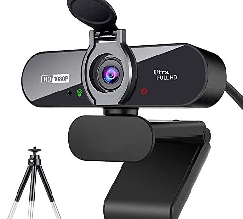 ARVIEMI Webcam, 1080P Pro HD Webcam with Stereo Microphone, 110° Wide Angle, Privacy Cover, Tripod, for Conferencing, Live Streaming, Recording, Compatible with Skype/Zoom/YouTube
