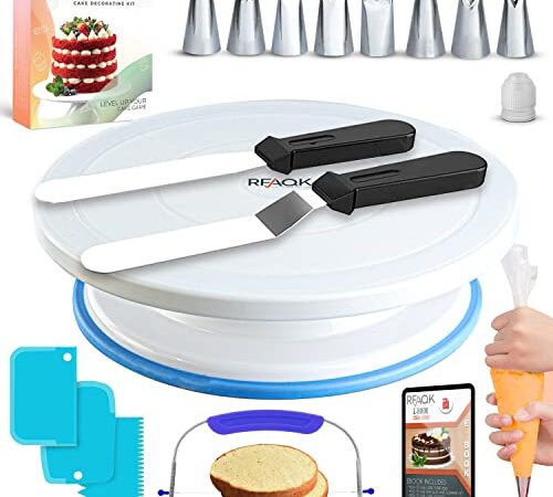 Cake Turntable and Leveler-Rotating Cake Stand with Non Slip Pad-7 Icing Tips and 20 Bags- Straight & Offset Spatula-3 Scraper Set -E Book-Cake Decorating Kit -Baking Tools & Accessories