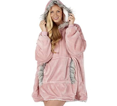 FAUX FUR EDGE Oversized Hoodie Blanket Women Ultra Plush Fleece Soft Sherpa Reversible Warm Cosy Comfy Wearable Hooded Giant Sweatshirt Throw Girls Adults Men Boys Kids Big Pocket (Blush Pink)
