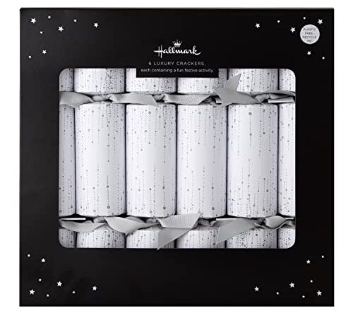 Hallmark 100% Plastic Free, Luxury Silver & White Christmas Crackers - Pack of 6 in 1 Design, 25572149