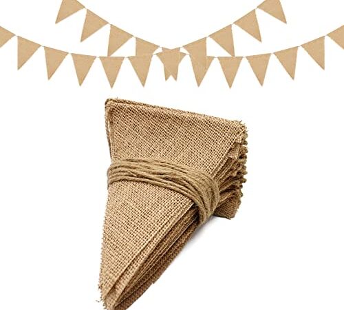 jijAcraft 48PCS 12M Rustic Burlap Banner Bunting, Linen Bunting Burlap Triangle Flags Hessian Banner for Wedding Favours,Baby Showers, Room or Garden Decorations, 13X17CM
