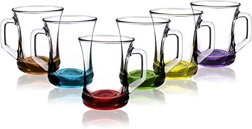 Lav (Set of 6) Hot Drink Mugs/Coloured Base Tea Coffee Latte Cappuccino Glasses/Glass Drink Cups /(225 cc / 7.5 oz)