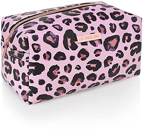 Makeup Bag - Small Cosmetic Organiser, Toiletry Bag or Pencil Case - Travel Make Up Wash Bag for Women by Lily England, Pink Leopard Print
