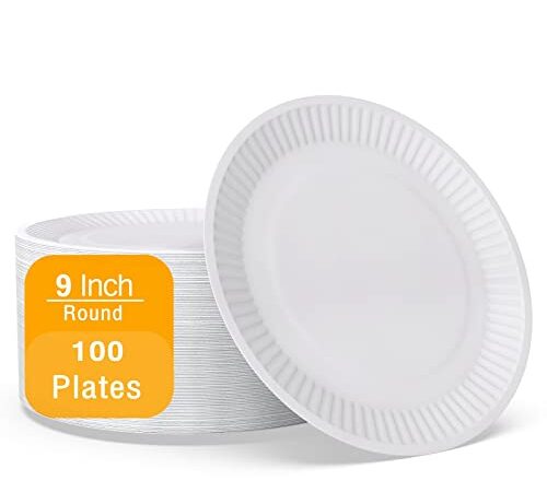 MaxxCore Paper Plates 9 inch - 100-Pack Disposable Plates - Heavy Duty Paper Plates - Large Paper Plates - Disposable Dinner Plates for School, Office, BBQ, Restaurant - White Party Plates