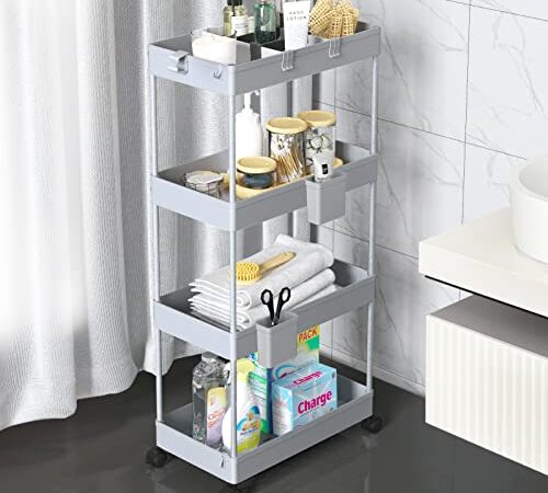 SPACEKEEPER Storage Trolley 4-Tier Rolling Utility Cart Slide Out Shelving Organization Shelf for Laundry Bathroom Kitchen with Two Small Containers & Hooks Grey