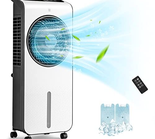 TANGZON 5/8L Evaporative Air Cooler, 3/24 Speeds Mobile Fan/Humidifier/Air Purifier with 3 Modes, 7.5/12H Timer, Oscillation, LED Display, Remote Control (5L, 24 Speeds, 12H Timer, 360°Oscillation)