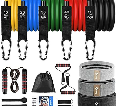 TAWAK Resistance Bands Set , 17 Pack Exercise Bands Stackable up to 150 LBS, Workout Bands with Door Anchor, Handles & Legs Ankle Straps for Resistance & Endurance Training