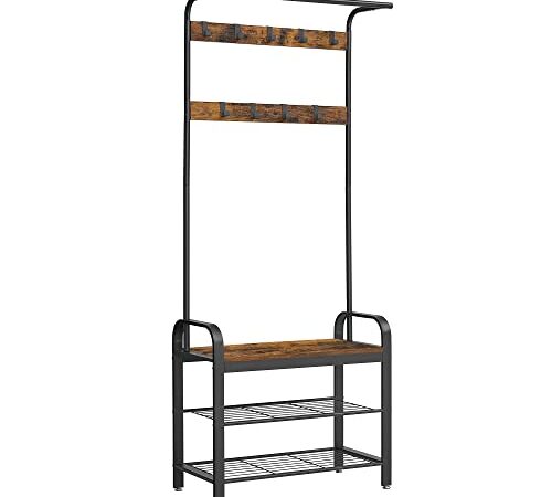 VASAGLE Coat Rack, Coat Stand with Shoe Storage Bench, 4-in-1 Design, with 9 Removable Hooks, a Clothes Rail, for Hallway, Entrance, 33.7 x 77 x 183 cm, Industrial, Rustic Brown and Black HSR40B